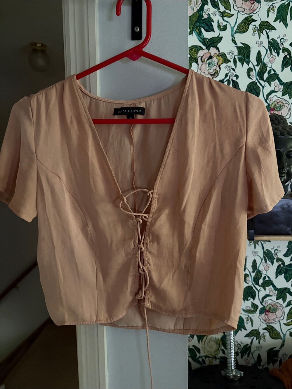 Kendall & Kylie Peach Lace-Up V-Neck Crop Top